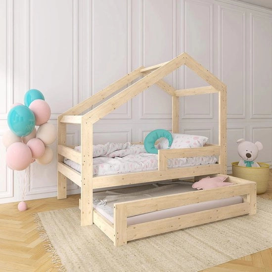 Letto in legno per bambini | Letto a scomparsa con sicurezza anti caduta | 70x140 - 90x200 cm | Letto per bambini e letto a castello per ragazzi e ragazze