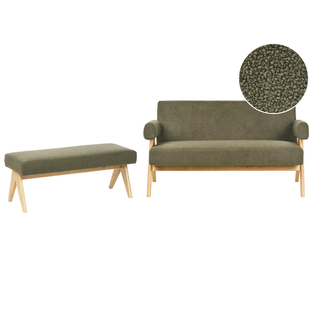 Set di divani Verde e marrone chiaro Divano a 2 posti Panca Boucle Rivestimento Retro Design Gambe di legno Soggiorno