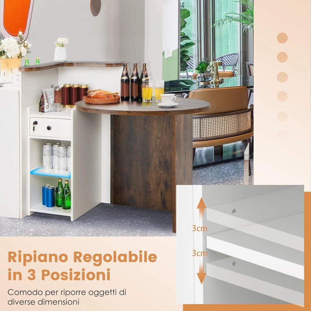 Banco Reception a Forma di L, Bancone per Cassa con Ripiano Regolabile e Cassetto Bloccabile, Piano Ovale, per Negozio, Salone e Ufficio, 120 x 55 x 100 cm (Marrone Rustico+Bianco)
