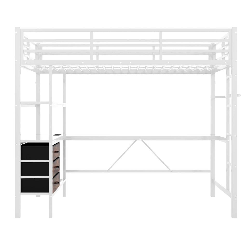 Letto a soppalco 90x200 cm con scrivania, LED, 3 cassetti e USB
