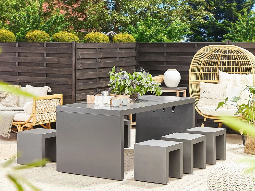 Set da pranzo da giardino Tavolo rettangolare in cemento grigio 6 sgabelli 6 posti resistente all'acqua