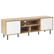 Mobile TV Legno Chiaro Bianco Truciolare Metallo 160 x 56 x 40 cm per TV fino a 70ʺ 2 Ante 3 Ripiani Gambe Nere Design Scandinavo Soggiorno