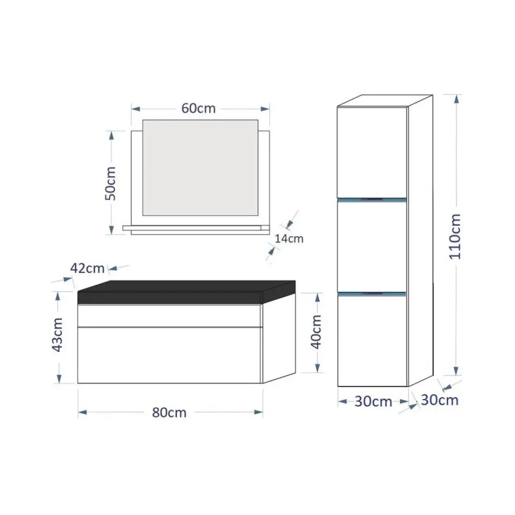 Set di mobili da bagno bianchi della collezione RAVEN. Colonna, mobile sottolavabo, lavabo 80cm.