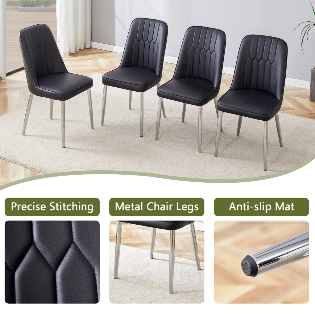 Sedia da pranzo moderna in PU nero con gambe in metallo argento; 89 cm