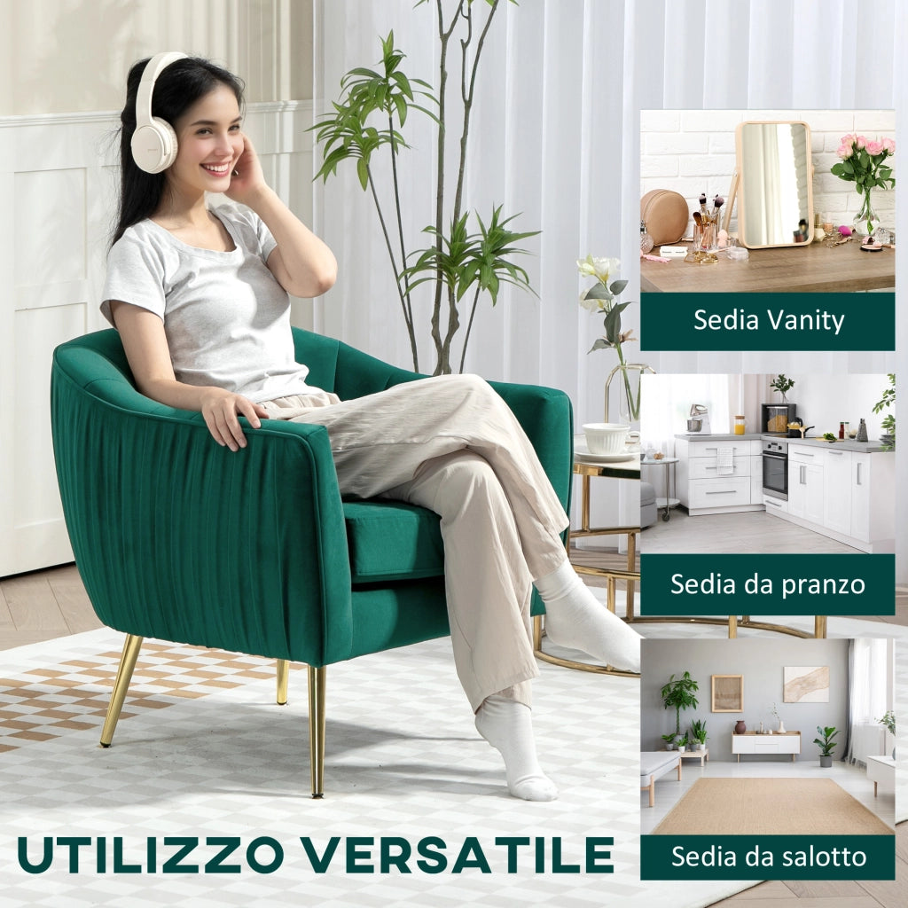 Poltrona da Salotto Imbottita con Braccioli e Schienale, Design Moderno, Gambe in Metallo (71x72x73 cm) Verde
