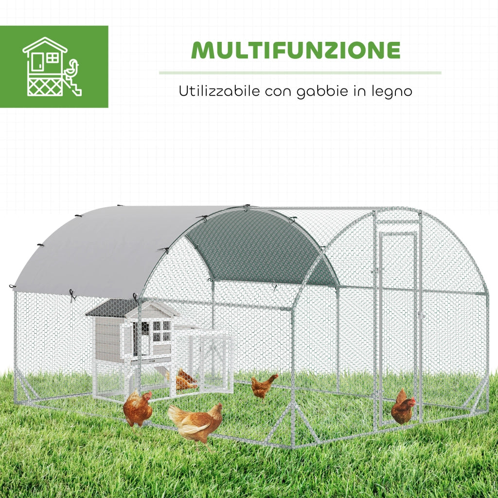 Recinto per Galline con Tetto e Copertura Anti UV 280x380x197 cm in Metallo Galvanizzato Argento