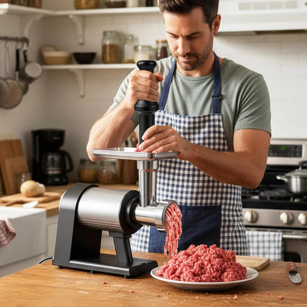 2000W Tritacarne Elettrico con Insaccatore per Salsicce, 3 Tubetti per Salsicce, 3 Dischi per Macinare, Kit Kibbe, Lama, Spingitore e Cassetto, Tritacarne in Alluminio per Cucina