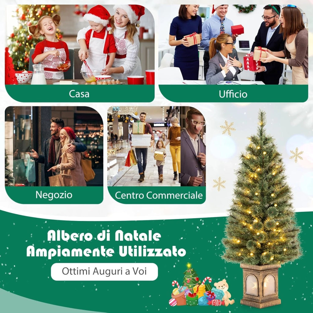 Albero di Natale Piccolo da Tavolo 120 cm, Albero di Natale Artificiale in Vaso con Luci e Rami Densi, Decorazione Natalizia per Casa, Ufficio e Negozio (Verde e Bronzo)