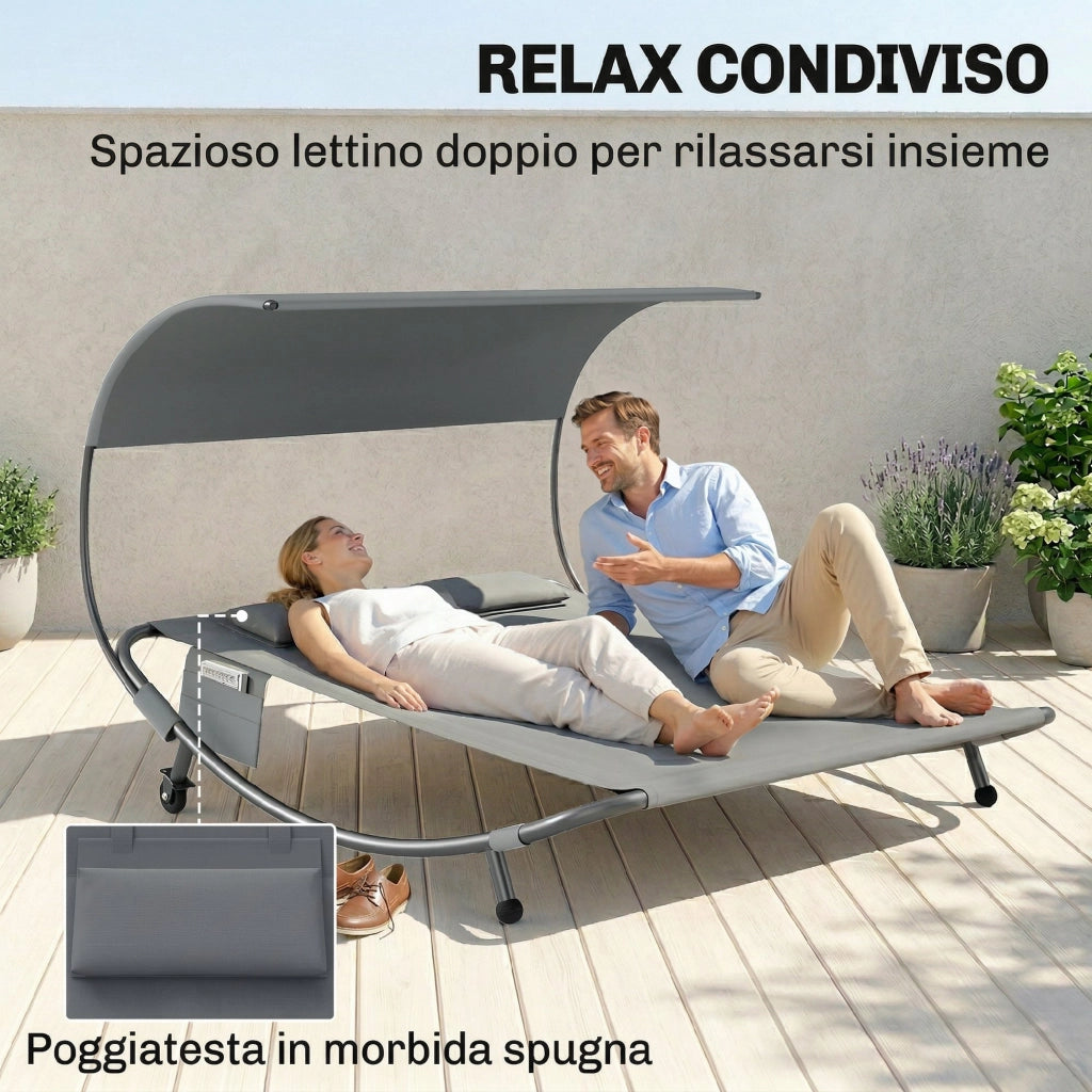 Lettino Doppio con Baldacchino, Cuscini e Ruote ¨C zephmum ¨C Grigio