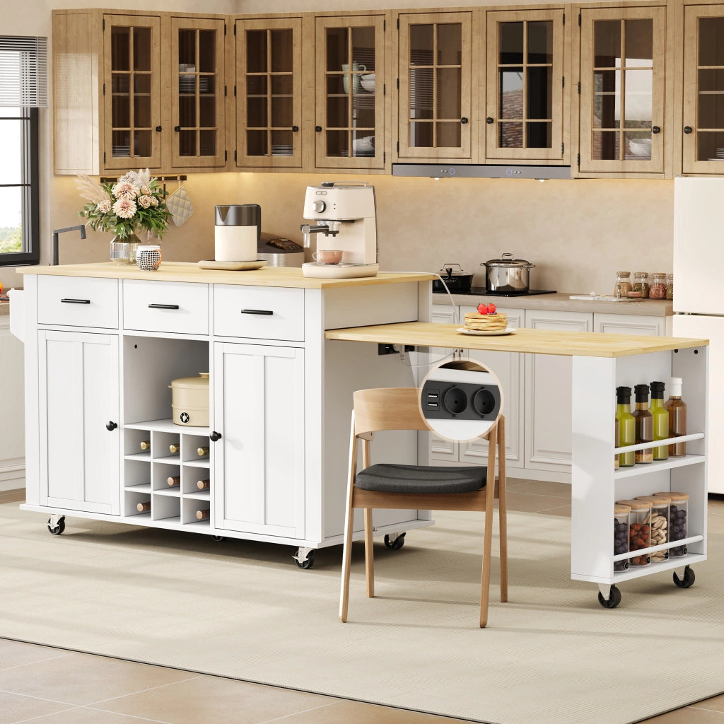 Isola da cucina mobile con piano estraibile, 3 cassetti, portabottiglie e presa USB, 136(223)x50x93 cm, MDF, Natural/White