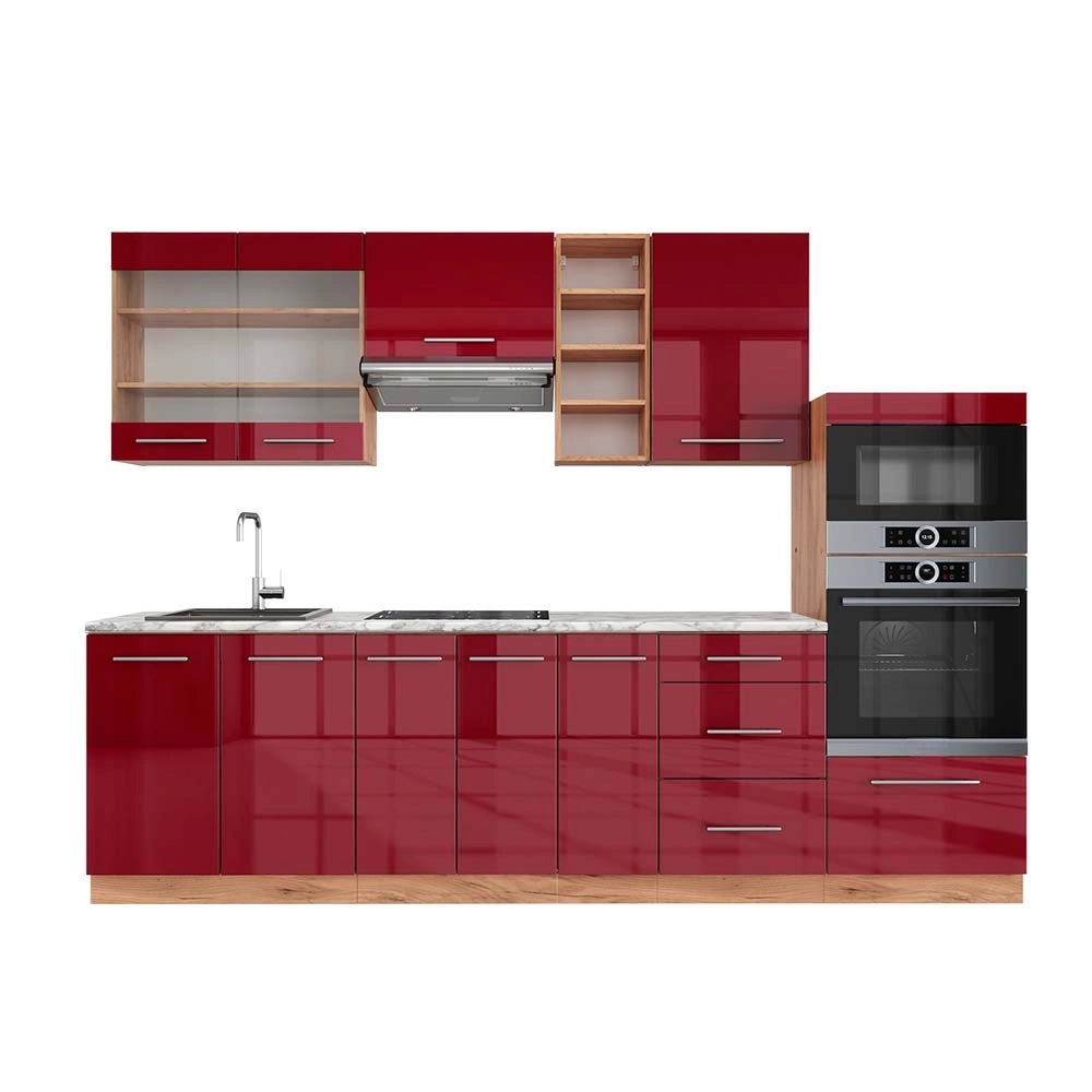 Cucina componibile Fame-Line Bordeaux lucido/Rovere dorato 280 cm, PL Marmo Vicco
