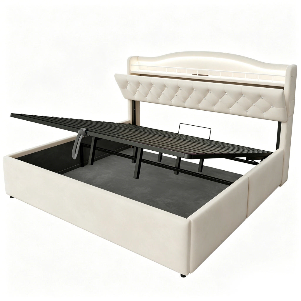 Letto imbottito 180x200 cm con contenitore idraulico; USB e USB-C; tessuto e metallo beige