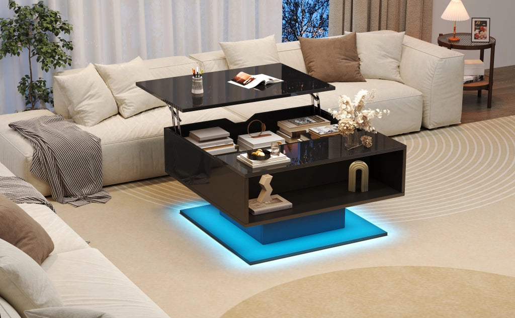 TAVOLO DA SALOTTO Alzabile 80x75x40 cm Nero con LED e vano portaoggetti