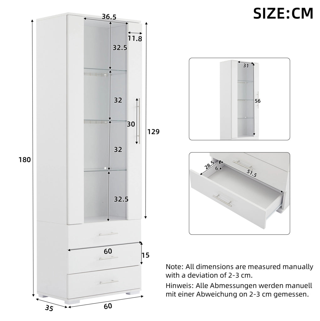 Vetrina verticale bianca 60 x 35 x 180 cm in MDF con LED controllato da app e 3 cassetti