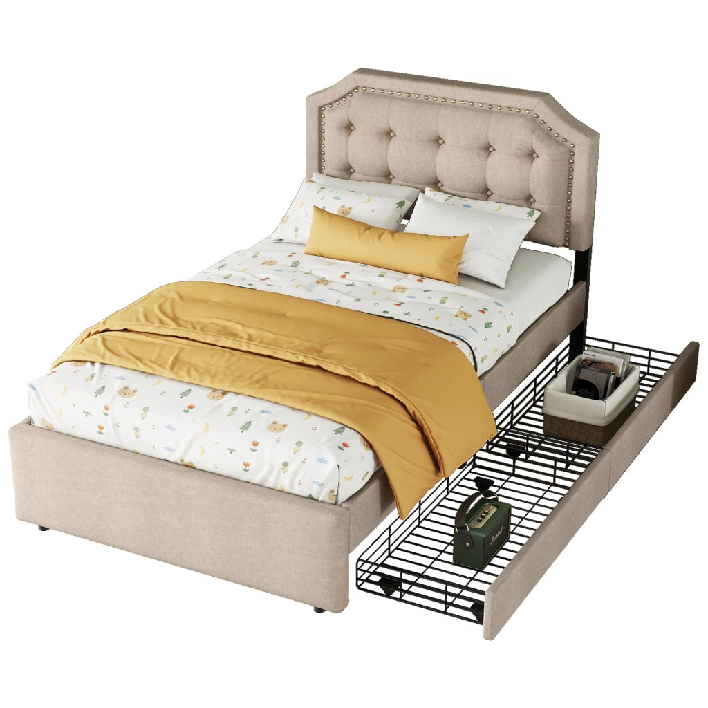 OKWISH Letto Singolo 90×200 cm con 2 Cassetti, Testiera Regolabile e Borchie Decorative, senza Materasso, in MDF, Beige