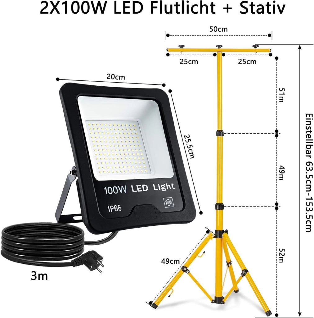 Faretto da costruzione 2x100W 8500LM LED Proiettore Lampada da lavoro con Treppiede Regolabile e Cavo da 3m con Spina Lampada da cantiere Proiettore da lavoro Impermeabile IP66 per Garage