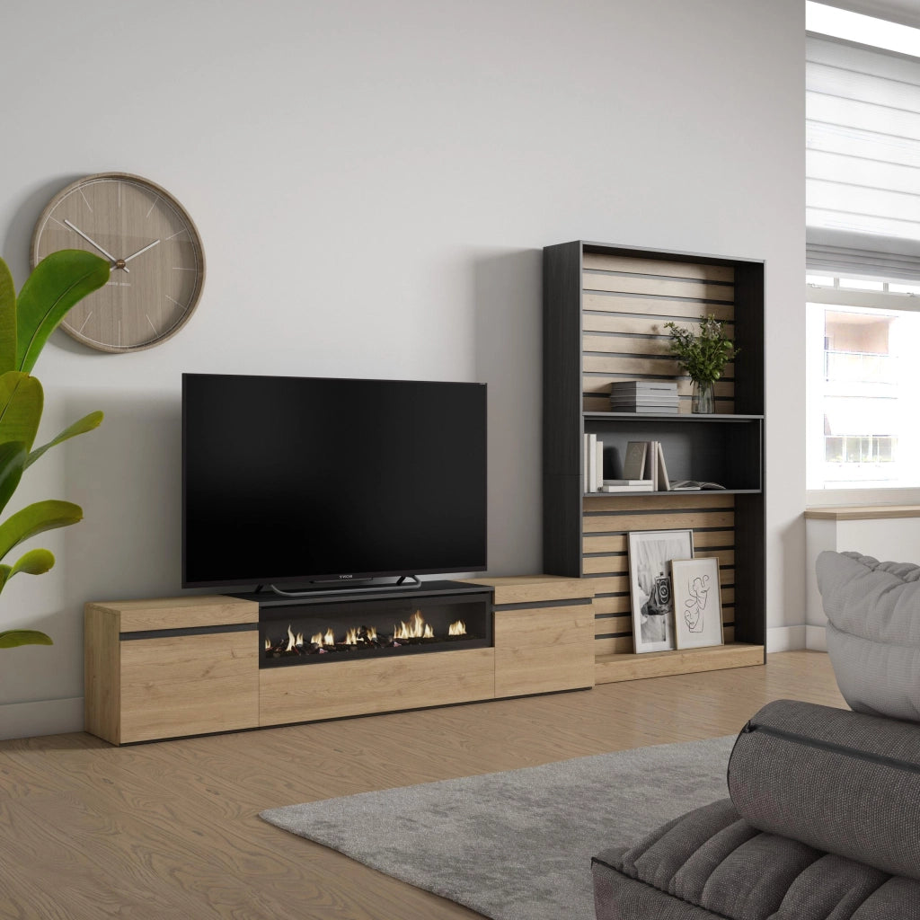 Mobile TV, Soggiorno, 310x35x186cm, Per TV fino a 80", Camino elettrico, colore Rovere e nero RF2864
