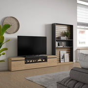 Mobile TV, Soggiorno, 310x35x186cm, Per TV fino a 80", Camino elettrico, colore Rovere e nero RF2864