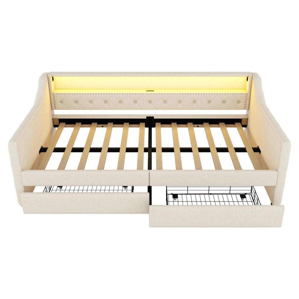 Daybed 90x200 cm con rete a doghe, 2 cassetti, luce LED ambientale e porta USB, struttura in lino e MDF, Beige