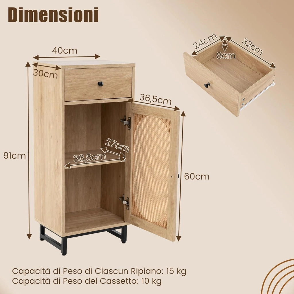 Mobiletto con Ripiano Regolabile su 3 Livelli, Armadietto con 1 Cassetto & 1 Anta in Rattan PE, Comodino Antiribaltamento con Piedini Regolabili, per Soggiorno & Salotto, 40 x 30 x 91 cm