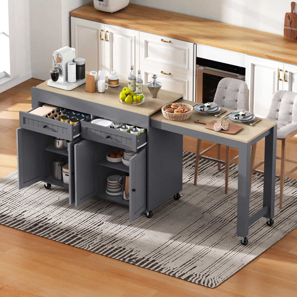 Isola da Cucina con Piano Estensibile e 7 Ruote per Cucina e Sala da Pranzo in MDF 112-180;5x45x92;2 cm Grigio e Naturale