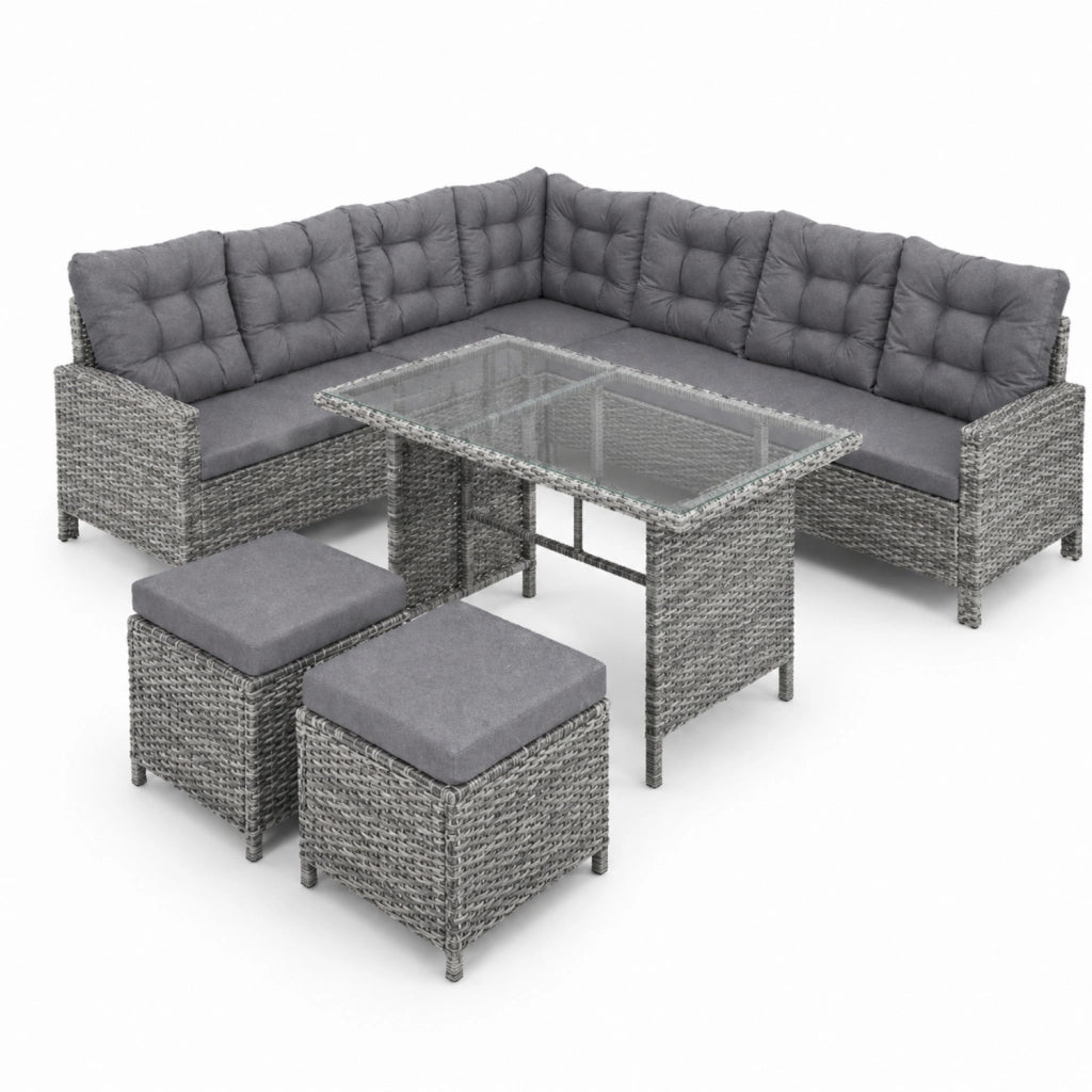Set Da Giardino Angolare In Polyrattan Con Tavolino Doppio Piano Vetrato Due Pouf E Cuscini Morbidi Salotto Per Terrazza Veranda Balcone Zona Piscina Grigio