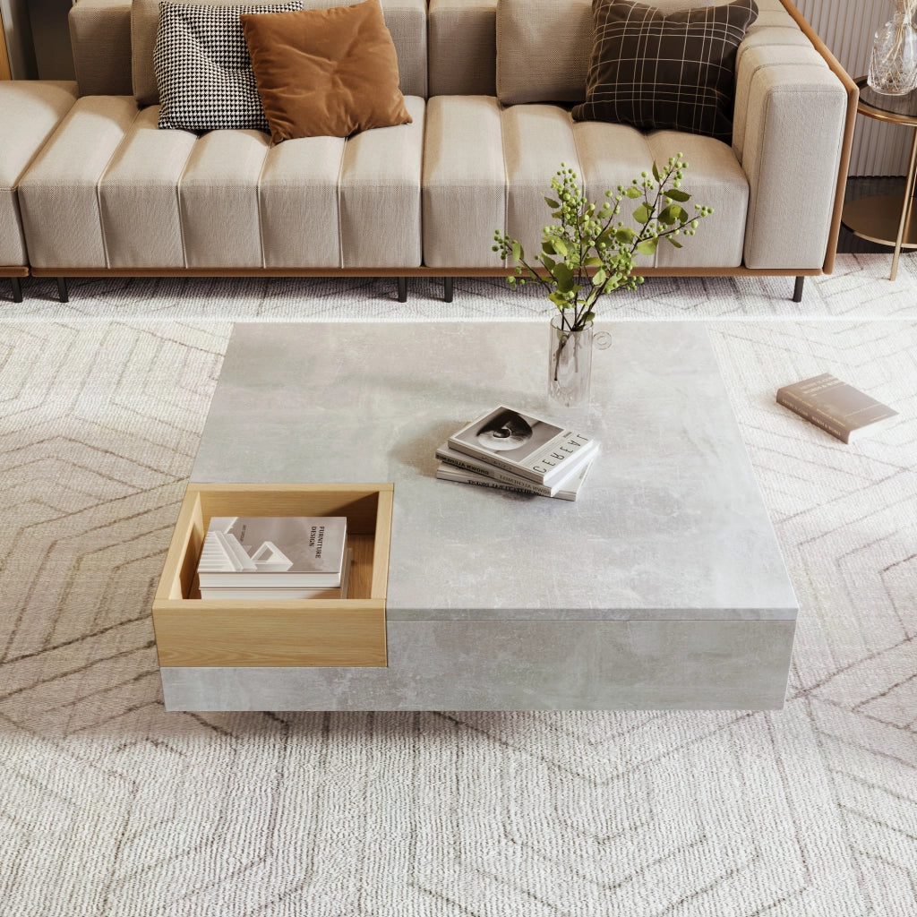 OKWISH Tavolino da Salotto Quadrato con Scatola Contenitore Estraibile, Struttura Stabile, per Soggiorno, in Truciolare, Grigio, 72 x 72 x 30 cm