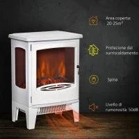 Camino Elettrico Effetto Fiamma e 3 Lati Aperti, Temperatura Regolabile 900W-1800W, Copertura 20-25m², 39x26x54.8cm, Bianco