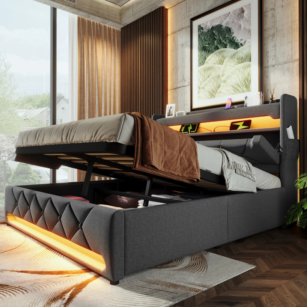 OKWISH Letto Contenitore 160×200 cm, Letto Matrimoniale con USB, Type C, LED 360 e Vani Testiera, senza Materasso, in Lino, Grigio