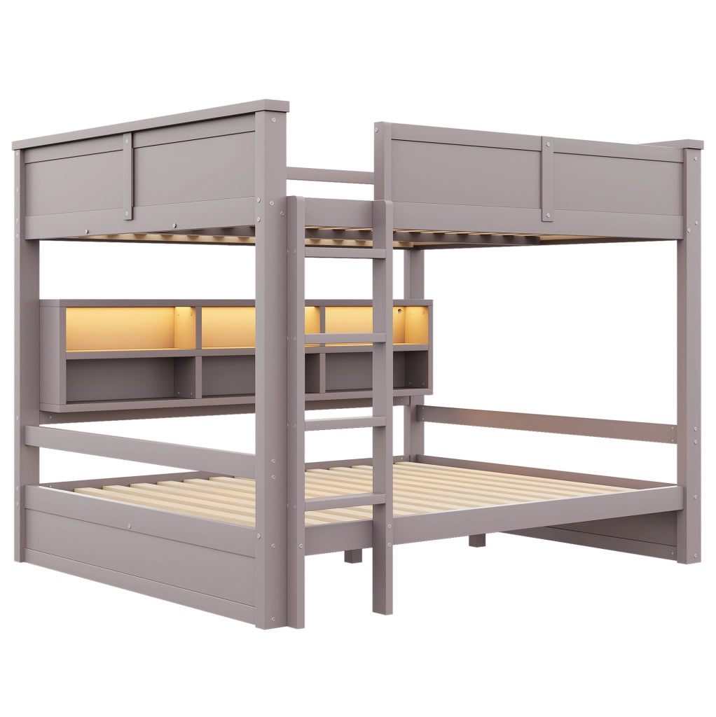 Letto a castello 160x200 cm in pino e MDF con 6 vani contenitori e luce LED; marrone