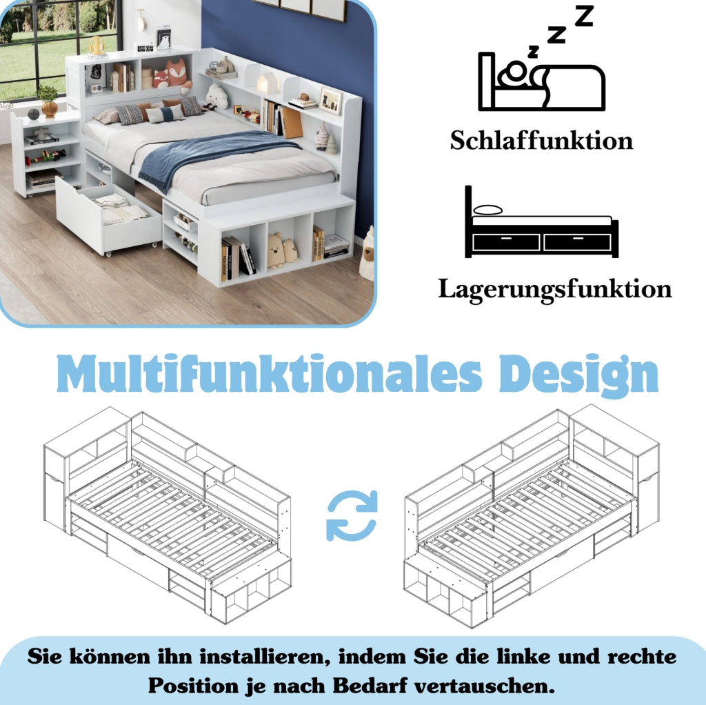 Lettino per bambini 90x200 cm in legno multistrato bianco con cassetti e vani contenitore