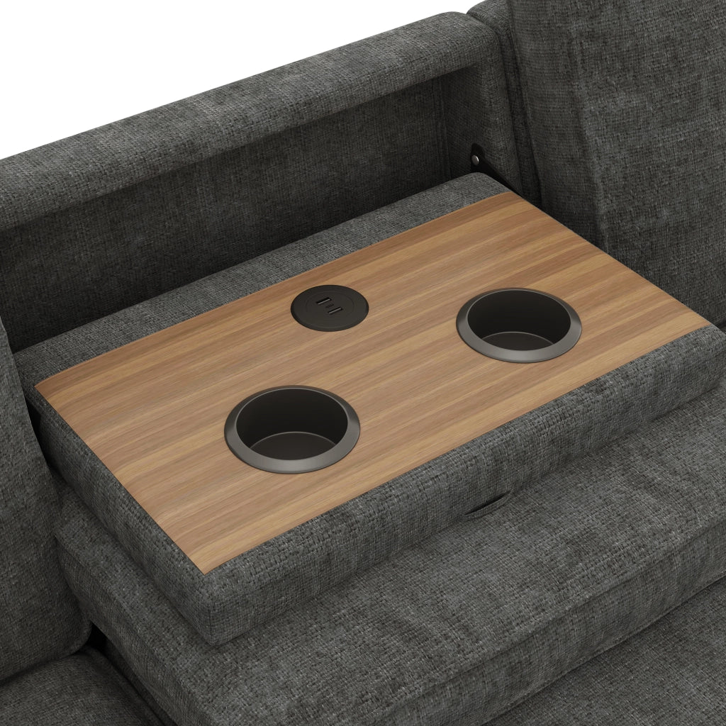 Divano angolare 3 posti in chenille con contenitore, letto estraibile, tavolino con portabicchieri e porta USB, grigio 237x141x86 cm
