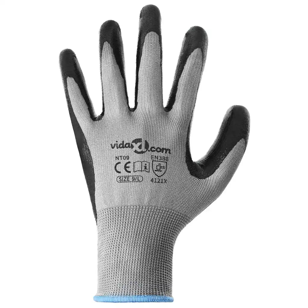 Guanti da Lavoro 12 pcs Grigio e Nero 9 / l Poliestere 42020704