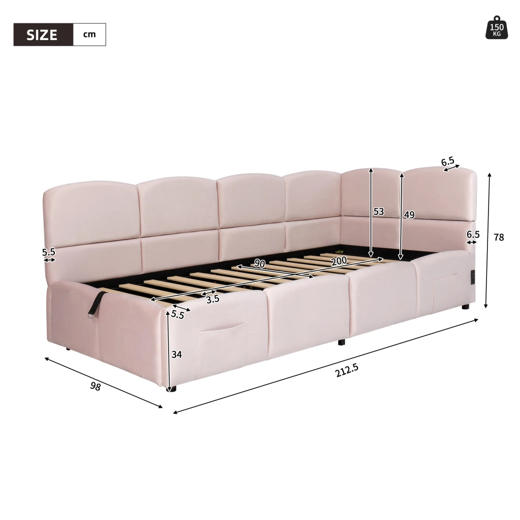 Letto a soppalco con contenitore idraulico velluto rosa 90x200 cm
