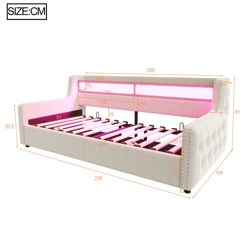 Divano letto 90x200 cm in velluto beige con contenitore; LED; presa e porta USB/Type-C
