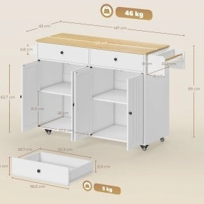 Isola da Cucina Mobile in MDF Bianca con 2 Cassetti, 2 Armadietti e Portaoggetti Integrati