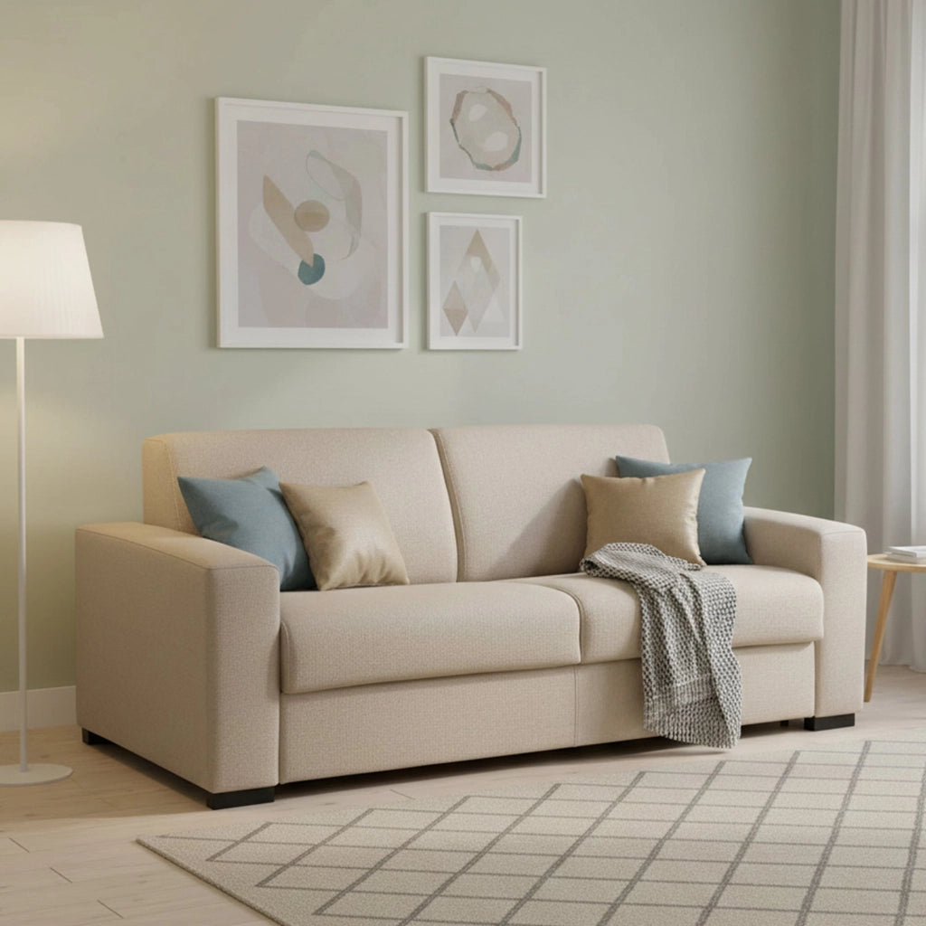 Divano Letto Alcatraz, Divano a 2 posti, Made in Italy, SofÒ  Soggiorno con apertura girevole, in tessuto imbottito, con Braccioli slim, cm 160x95h90, Beige
