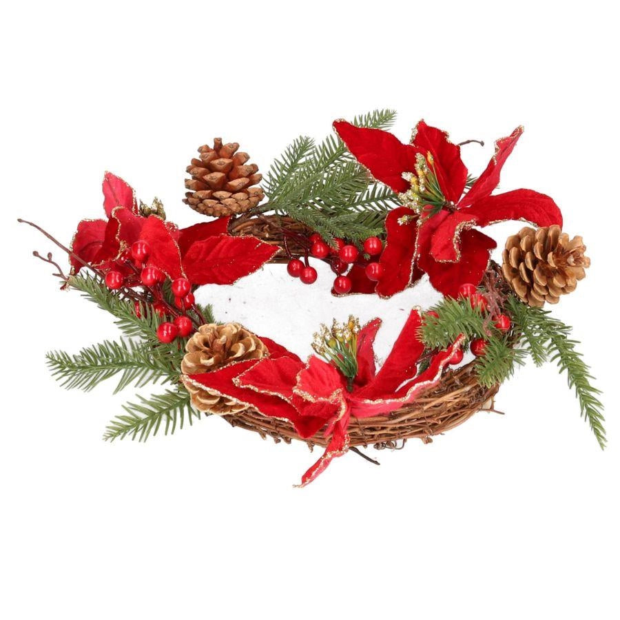Coroncina fiori pigne rosso oro tondo cm Ø50x10