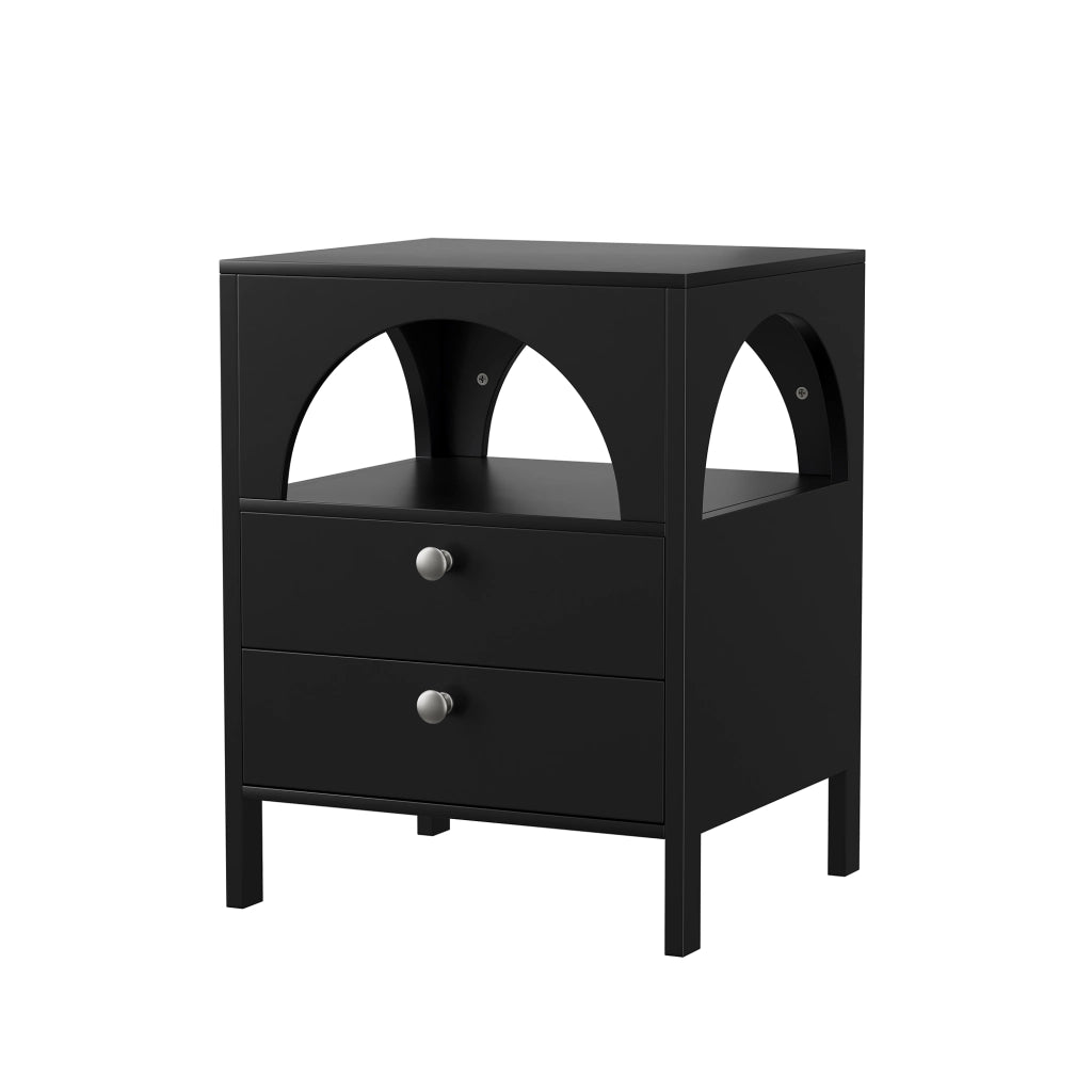 Comodino moderno multifunzione con 2 cassetti e 1 vano aperto, in MDF, per camera da letto, nero, 45 × 40 × 58 cm