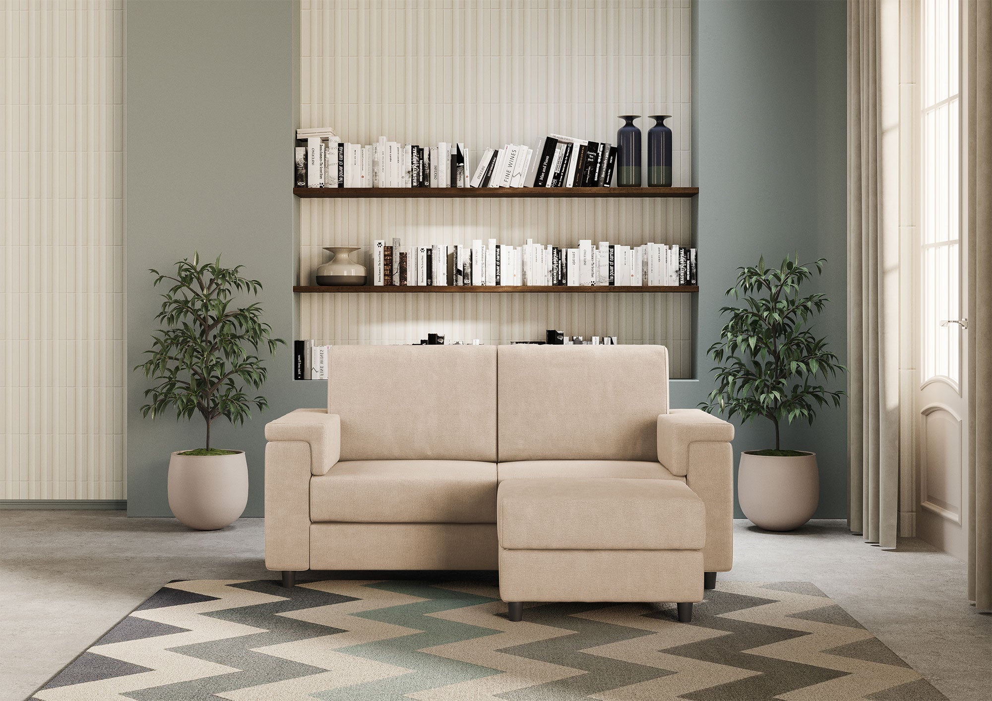 Divano 2 Posti con Pouf 168x145x85 cm Marrak in Tessuto Beige