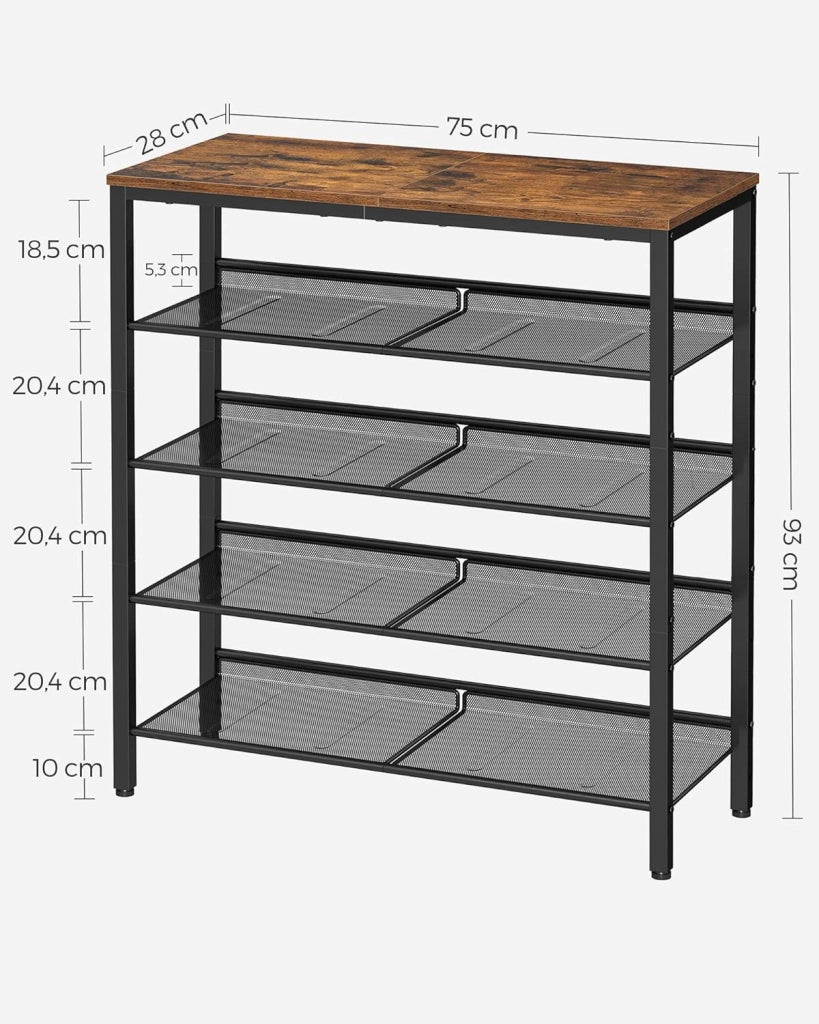Scarpiera rustica VALORA marrone con 4 ripiani, stile industriale LBS038B01
