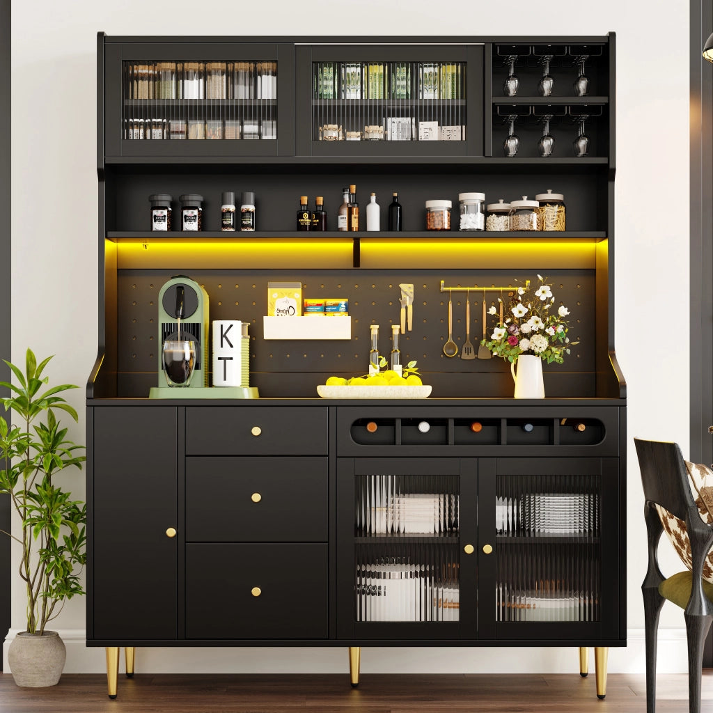 OKWISH Credenza alta da cucina con 1 cassetto, ripiani regolabili, LED USB e portabottiglie, per cucina, MDF e vetro, nero