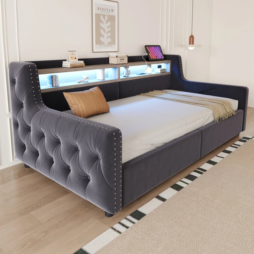 Divano letto 90x200 cm con contenitore idraulico; LED e ricarica USB-C in velluto grigio