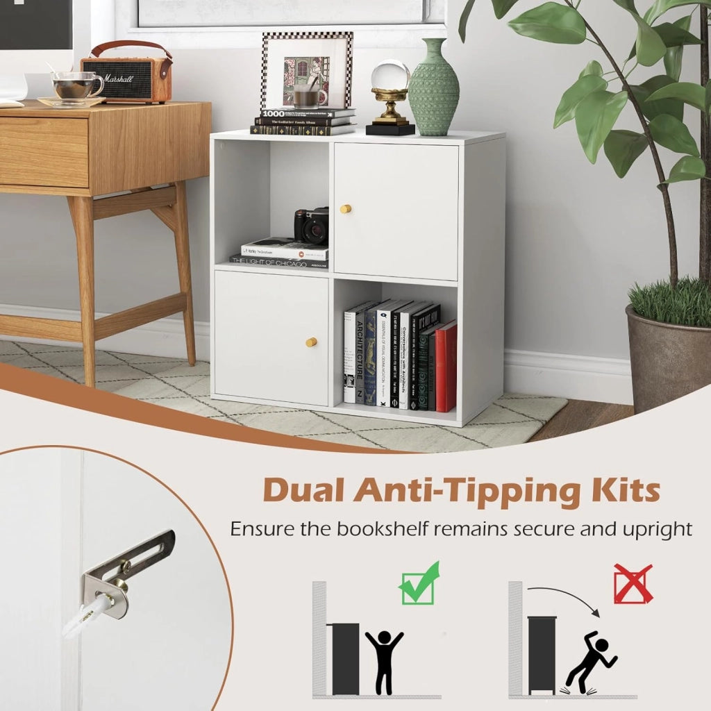 Scaffale per libri con 4 cubi, libreria a 2 livelli con porte, scomparti aperti, mobile ausiliario moderno, per soggiorno, studio, ufficio, 60 x 29 x 60 cm, bianco