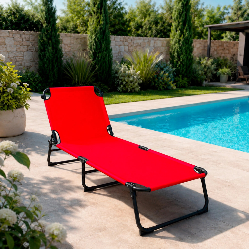 Lettino Pieghevole Prendisole Senza Tettuccio Parasole Schienale Reclinabile Regolabile Struttura In Metallo Nero Sedia Sdraio Per Spiaggia Mare Giardino Piscina 187 x 53 x 24 Cm (Rosso)