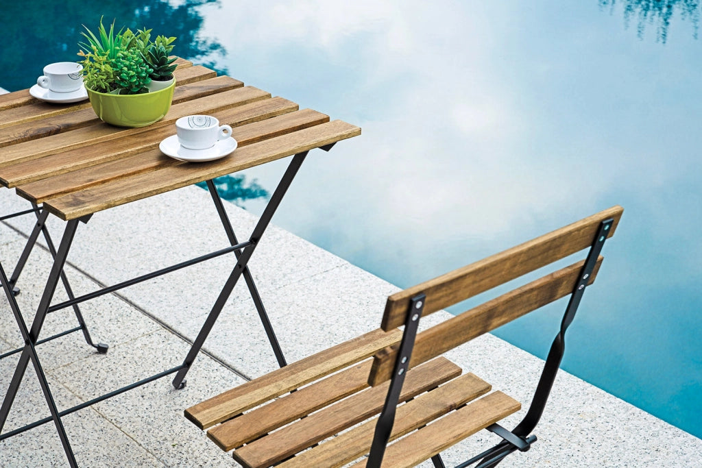 Set Tavolo e 2 Sedie da Giardino Pieghevoli Bistrò in Ferro e Legno di Acacia