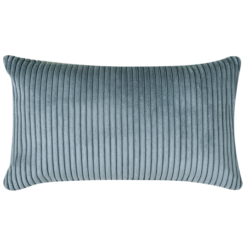 Chaise longue con rivestimento in velluto a coste blu e cuscino decorativo lato sinistro