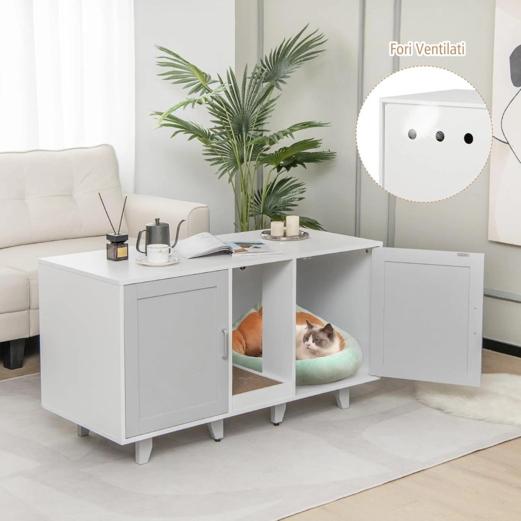 Mobile per Lettiera per Gatti 120 x 52 x 65 cm, Casetta per Gatti con 2 Ante, Fori, Tiragraffi e Gambe Staccabili, Mobile Versatile e Moderno per Salotto (Bianco e grigio)