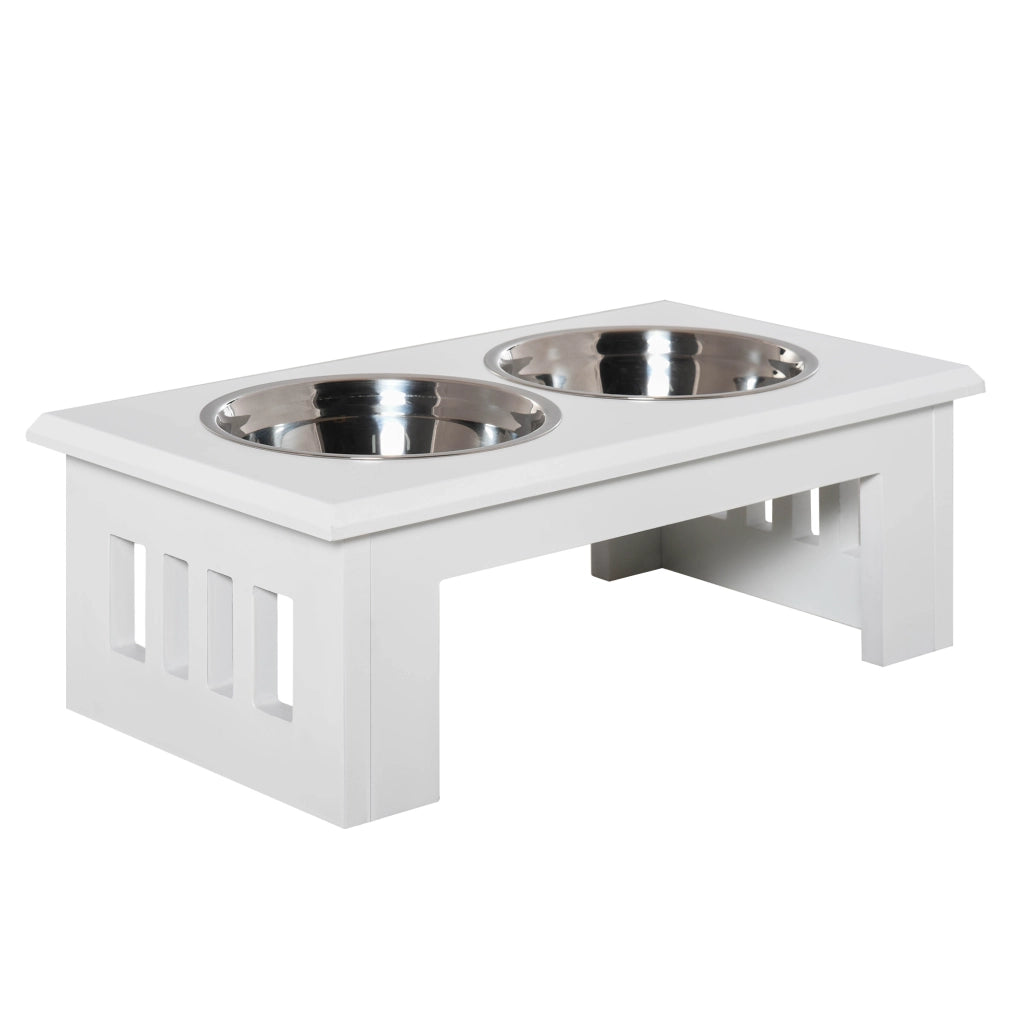 Scaffale con due ciotole rialzate in MDF e acciaio inox bianco per acqua e cibo per cani 58,4 × 30,5 × 25,4 cm