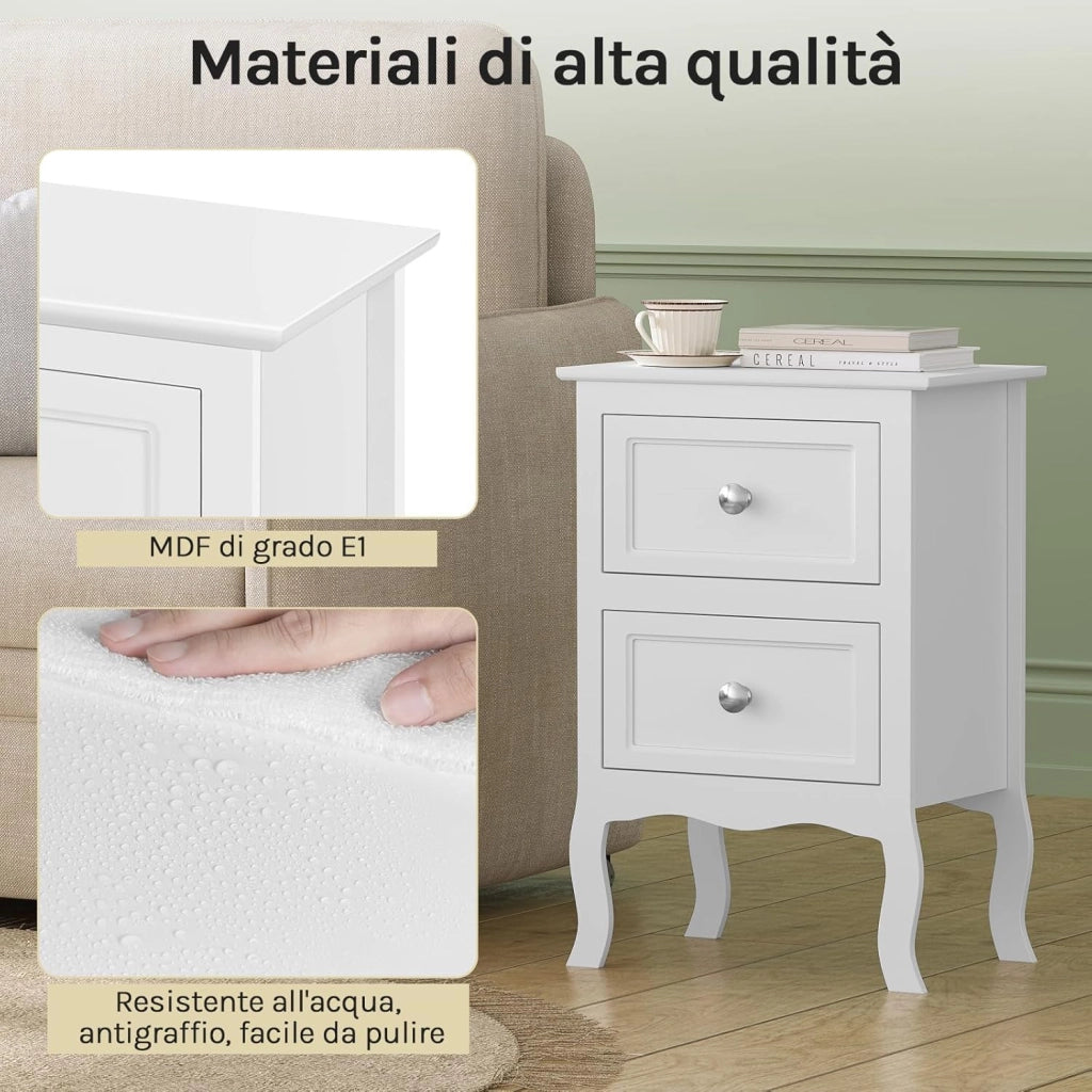 Comodino Shabby Chic Bianco con 2 Cassetti per Camera da Letto Comodino da Notte in MDF 40x30x60cm TS119ws